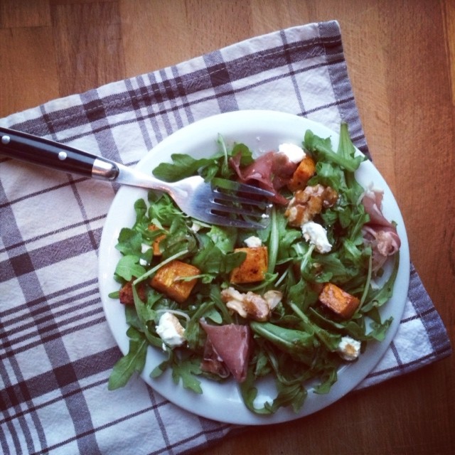 Arugula Salad with Butternut Squash, Prosciutto, and Goat Cheese
