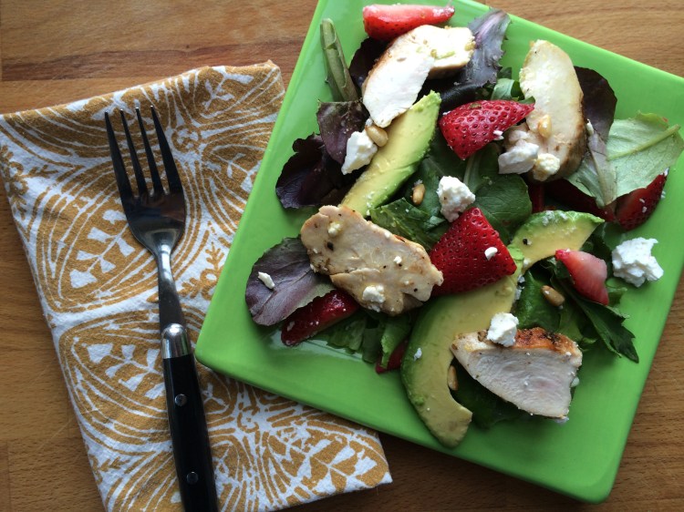 Spring Greens with Grilled Chicken, Strawberries, Avocado, and Feta
