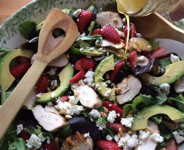 Spring Greens with Grilled Chicken, Strawberries, Avocado, and Feta 