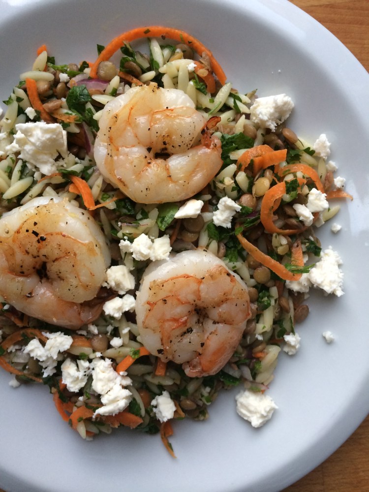 Lentil Orzo Salad with Shrimp and Feta