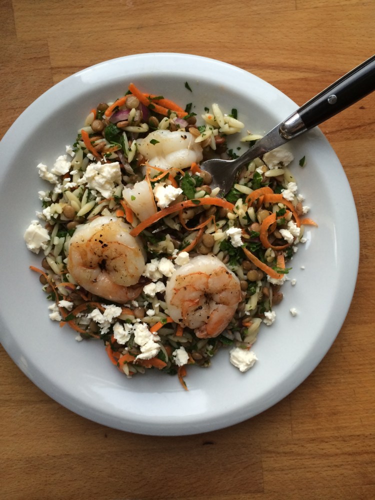 Lentil Orzo Salad with Shrimp and Feta