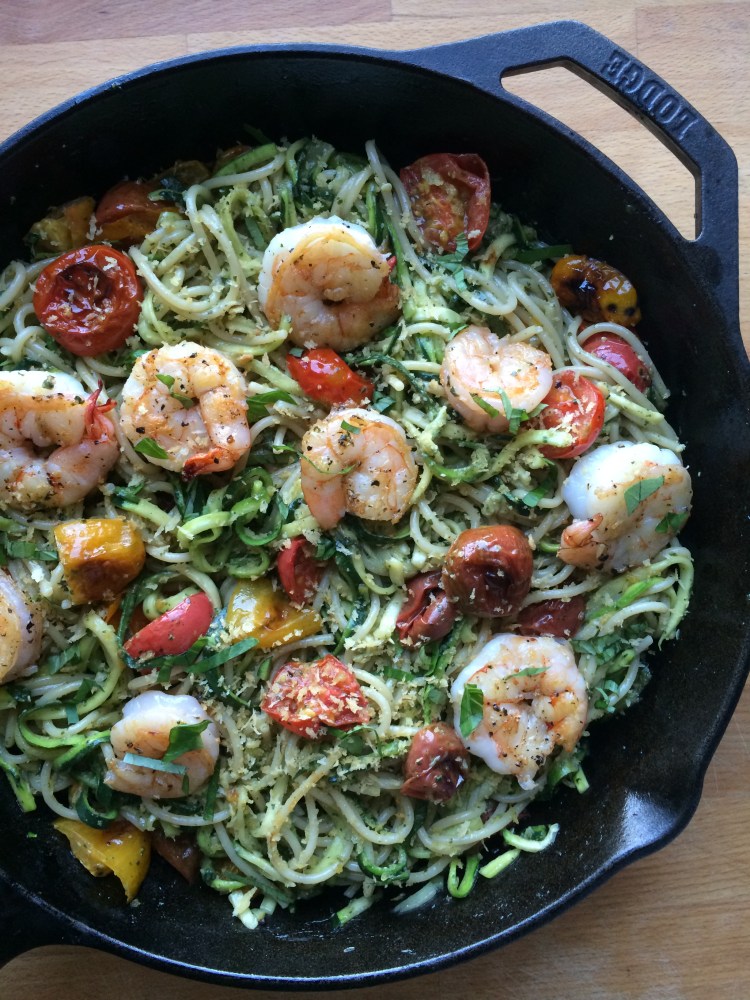 Pesto Zucchini Noodles and Spaghetti with Roasted Tomatoes, Garlic and Shrimp