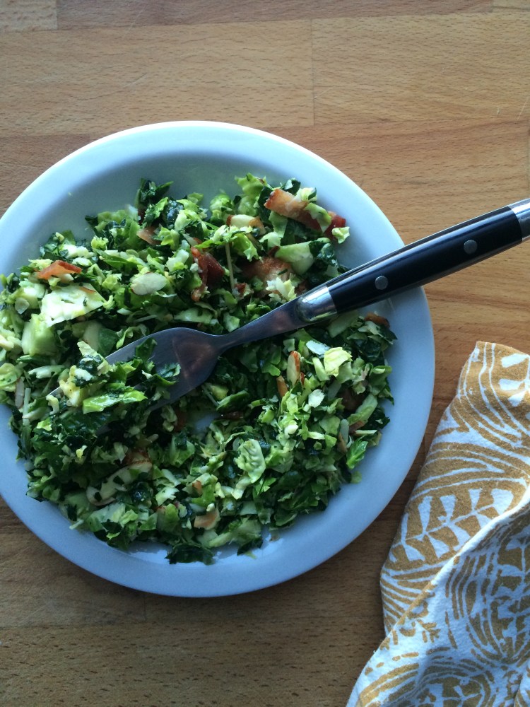 Kale and Brussels Sprout Salad with Bacon, Almonds, and Pecorino